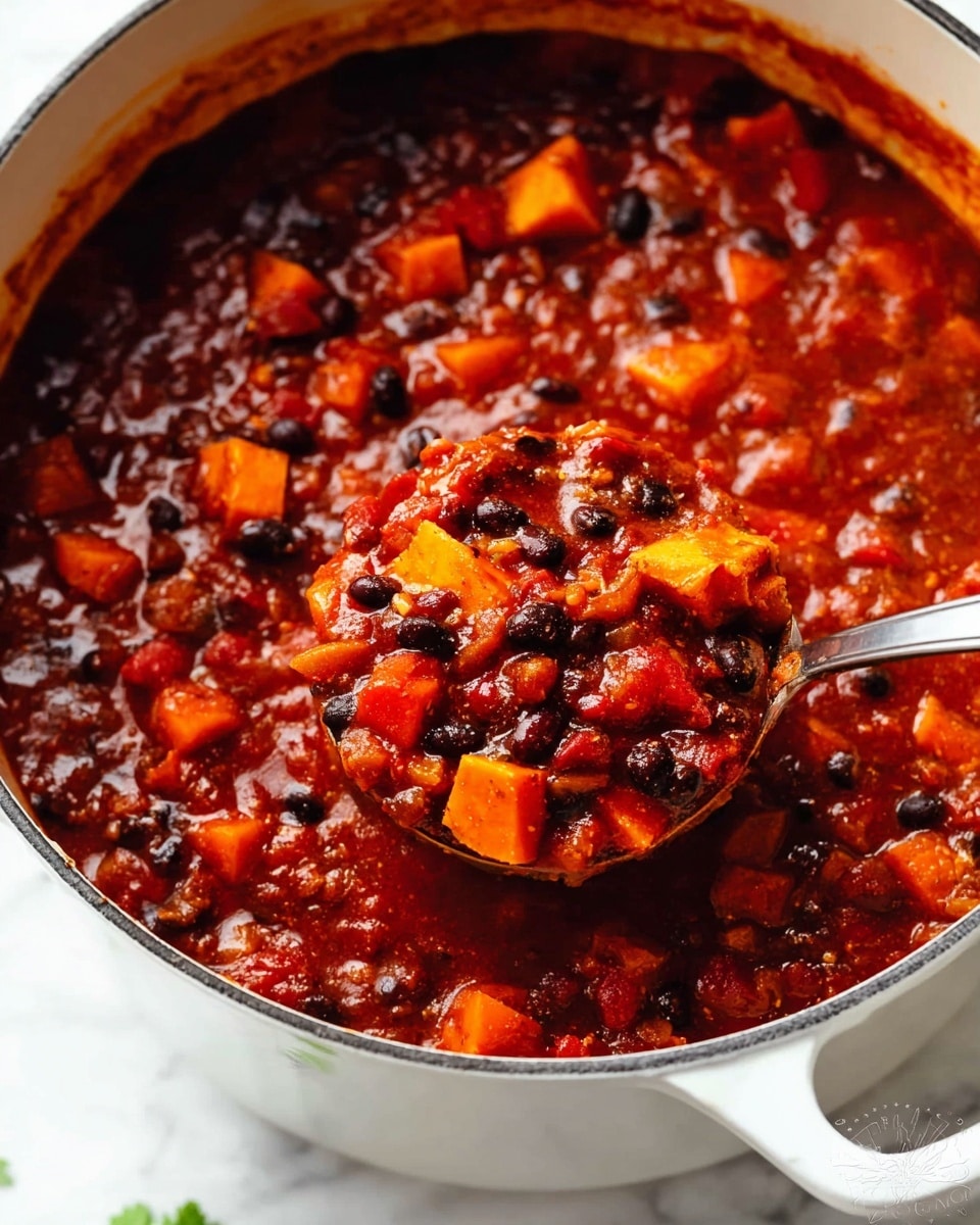 A close-up of a white pot filled with thick, chunky chili showing layers of small black beans and bright orange cubed sweet potatoes mixed in a rich, deep red tomato sauce. The stew has a shiny, slightly textured surface with visible bits of diced vegetables and spices. A silver ladle dips into the pot scooping a generous portion, highlighting the contrast between the dark beans and vibrant sweet potatoes. The pot handle and white marbled surface underneath are partially visible. photo taken with an iphone --ar 4:5 --v 7