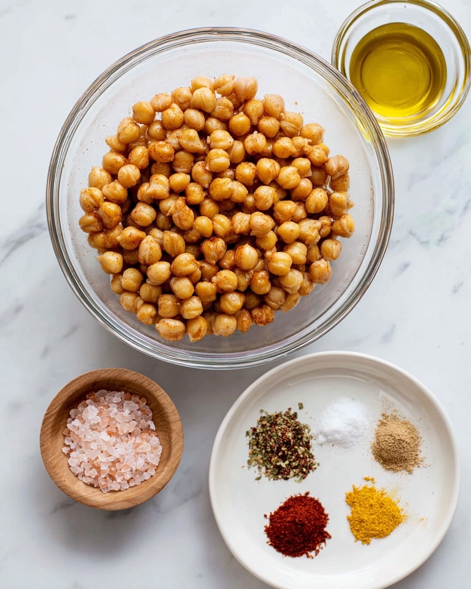 A clear glass bowl filled with light brown cooked chickpeas sits in the center on a white marbled surface. Above and to the right is a small clear glass container with golden olive oil. Below and to the right is a white plate with five different spices arranged in small piles, showing colors like dark brown, white, red, and yellow. Below and more to the left is a small light wooden bowl holding light pink salt crystals. All items are spaced apart neatly with clear labels on each container photo taken with an iphone --ar 4:5 --v 7