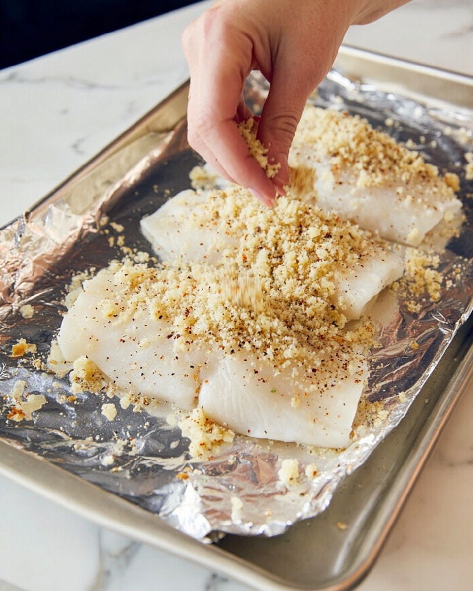 A woman's hand is sprinkling a crumbly, pale yellow topping mixed with small bits on three white fish fillets arranged on a silver foil-lined baking tray. The fish has a smooth texture with a few black pepper specks. The tray rests on a white marbled surface, giving a clean and bright look to the scene. Photo taken with an iphone --ar 4:5 --v 7