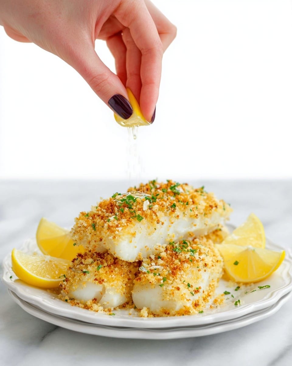 The image shows three pieces of white fish fillets stacked on a white plate with a slight scalloped edge, all covered with a golden brown breadcrumb crust sprinkled with small green herbs. The bottom fillet is partially visible, with two fillets layered on top, each thick and coated evenly with the crumb mixture. Around the fillets are small yellow lemon wedges placed on the plate’s edges. Above the plate, a woman's hand with dark-painted nails is squeezing a fresh lemon wedge, and droplets of lemon juice are seen falling onto the fish. The dish sits on a white marbled surface with a clean, bright background. Photo taken with an iphone --ar 4:5 --v 7