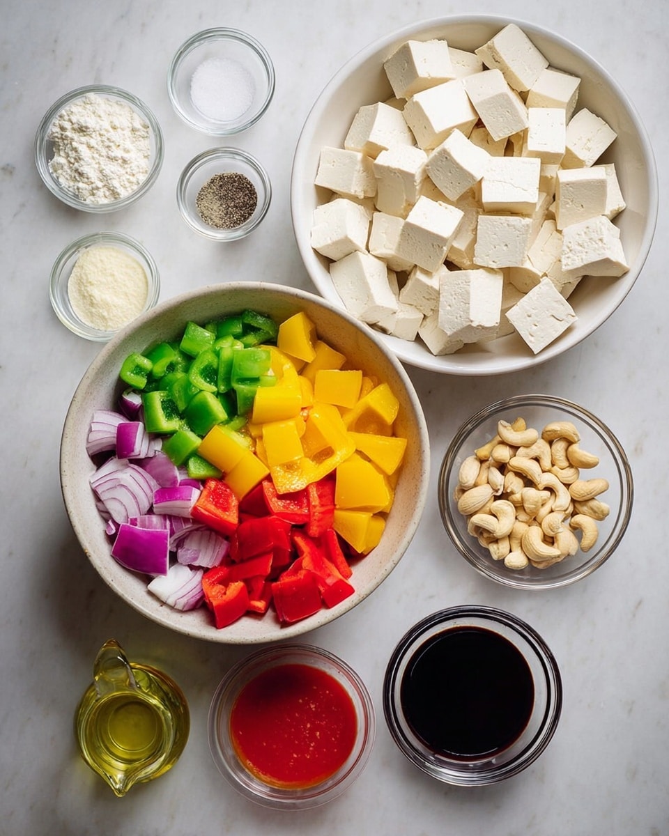 The image shows ingredients for cooking arranged neatly on a white marbled surface. There is one large white bowl filled with an even layer of cubed white tofu. Another similarly sized bowl contains chopped colorful vegetables in separate sections: bright yellow chunks, green bell pepper pieces, red bell pepper pieces, purple onion chunks, raw garlic cloves, and whole cashew nuts. Surrounding the bowls are small clear glass containers holding white flour, black pepper, salt, and a small white bowl with a bright red chili sauce. Two small pitchers hold clear oil and dark soy sauce, placed close together near the bottom right corner. All items are cleanly presented with bright natural lighting and the photo taken with an iphone --ar 4:5 --v 7