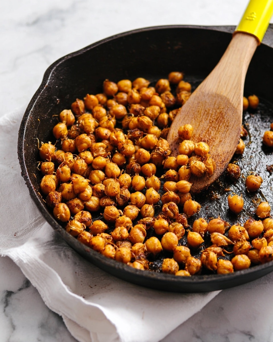 A close-up of a black cast iron pan that contains a single layer of golden brown roasted chickpeas with a slightly crispy texture and some darker spice spots. A wooden spoon with a yellow handle rests on top of the chickpeas, angled toward the right, partially covered by the chickpeas. The pan sits on a white napkin which is placed on a white marbled surface. photo taken with an iphone --ar 4:5 --v 7