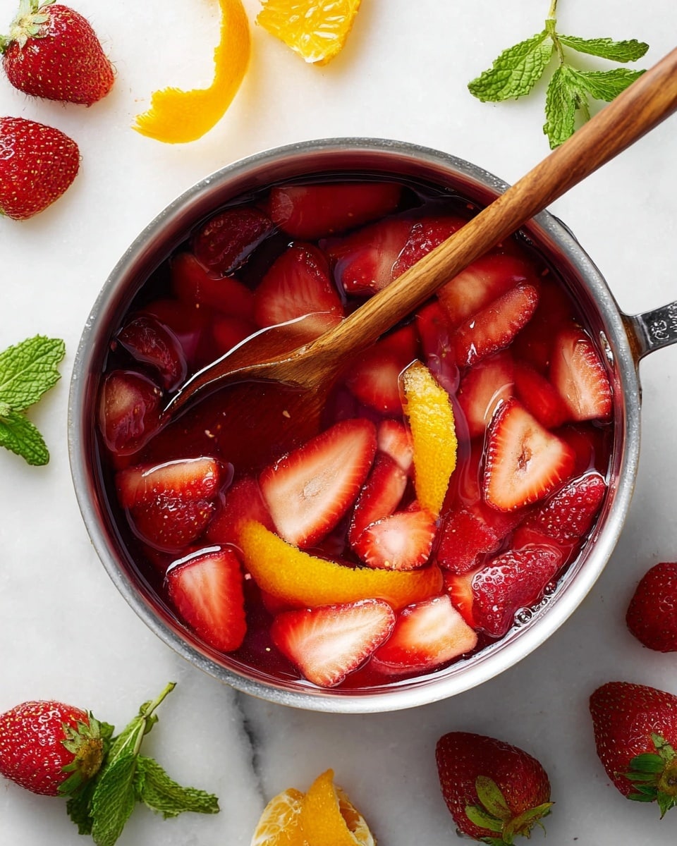 A silver saucepan filled with a bright red liquid containing many sliced strawberries and two pieces of orange peel, giving a mix of red and yellow colors. A wooden spoon rests inside, partially submerged, showing the shine of the liquid on its surface. Around the saucepan, whole fresh strawberries and green mint leaves are scattered, with some orange peels lying nearby on a white marbled surface. The overall image is bright, fresh, and colorful. photo taken with an iphone --ar 4:5 --v 7