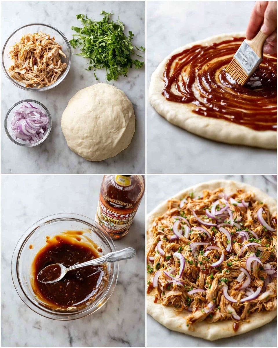 The image shows the making of a barbecue chicken pizza in four steps on a white marbled surface. First, the gathered ingredients include a small bunch of fresh green herbs, a whole plain pizza dough, a medium bowl of shredded cooked chicken, thin purple onion slices in a small bowl, and a bottle of barbecue sauce. In the second step, a woman's hand is spreading a thick layer of brown barbecue sauce evenly over the surface of the raw pizza dough, covering nearly all of it in a spiral motion. The third step shows the shredded chicken mixed with dark, glossy barbecue sauce in a glass bowl with a fork. The final step displays the partially assembled pizza: a dough base with a smooth brown barbecue sauce layer, topped with a thick, uneven layer of sauced shredded chicken, scattered thin purple onion slices, and sprinkled chopped green herbs, all ready for baking. Photo taken with an iphone --ar 4:5 --v 7