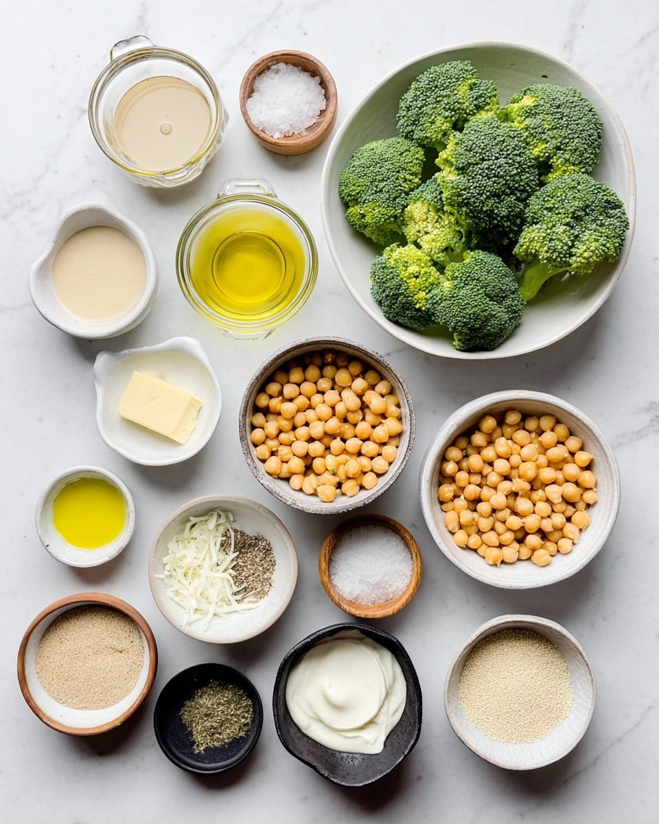 The image shows multiple small bowls and measuring cups arranged neatly on a white marbled surface, each holding an ingredient. There are bright green broccoli florets in a large white bowl on the top right, and golden chickpeas filling a medium white bowl below it. Surrounding these are small white bowls with clear yellow oil, a creamy yellow mustard dollop, white yogurt, finely grated white cheese, and minced garlic. A small black bowl holds white shredded flakes, while a wooden bowl contains a mix of salt and pepper. Additional bowls and cups contain pale beige powders, leafy crumbs, and a tan-colored smooth liquid. The setup looks clean and bright. Photo taken with an iphone --ar 4:5 --v 7