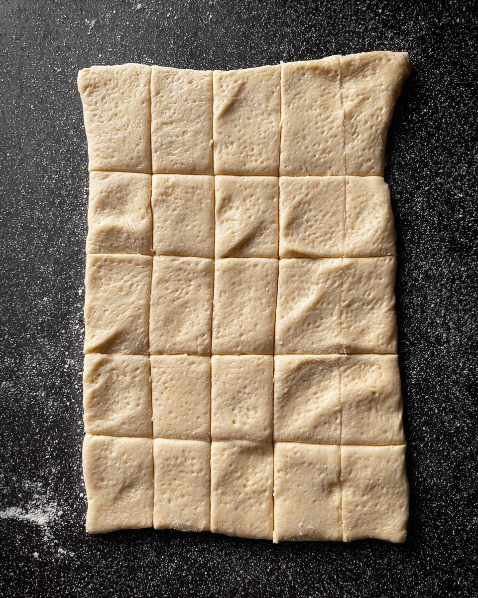 The image shows a single layer of dough rolled out flat on a dark speckled surface, divided into 16 squares by shallow cuts, with neat straight edges and a light beige color. The dough looks soft and slightly textured with small air bubbles visible on the surface, giving it a fresh and pliable appearance. The dough’s shape is roughly rectangular with slight unevenness on the edges. Photo taken with an iphone --ar 4:5 --v 7