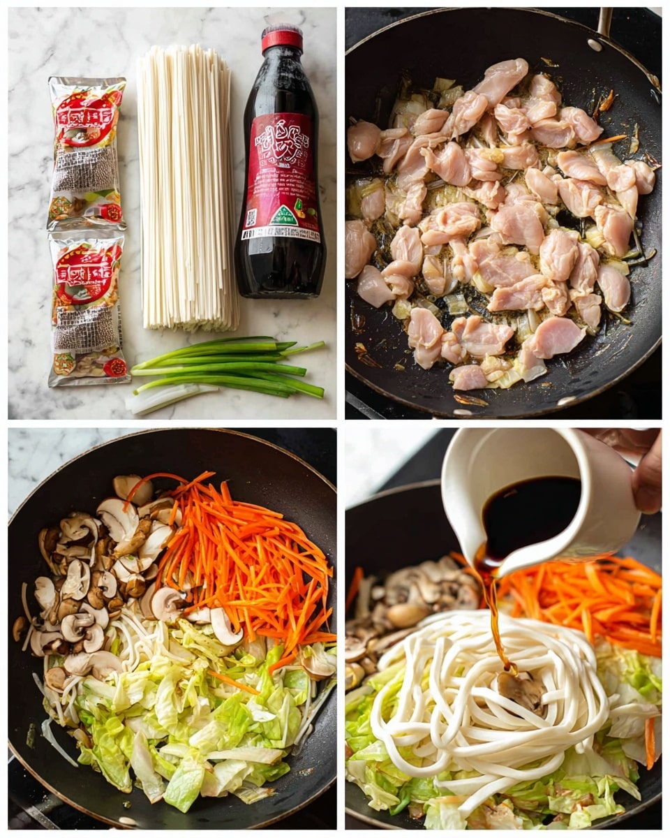 The image shows four steps of making a dish. The first part has a white marbled background with three packs of ingredients: thick udon noodles, a smaller bundle of white noodles, and a bottle of dark soy sauce with a red label. The second part shows many small light pink chicken slices spread out and cooking in a black pan. The third part has a mix of sliced light green cabbage, bright orange carrot strips, and light brown mushrooms placed in the black pan. The fourth part shows thick white noodles on top of the vegetables in the pan with some dark soy sauce being poured from a small white cup, and some green onions lying next to the noodles. Photo taken with an iphone --ar 4:5 --v 7