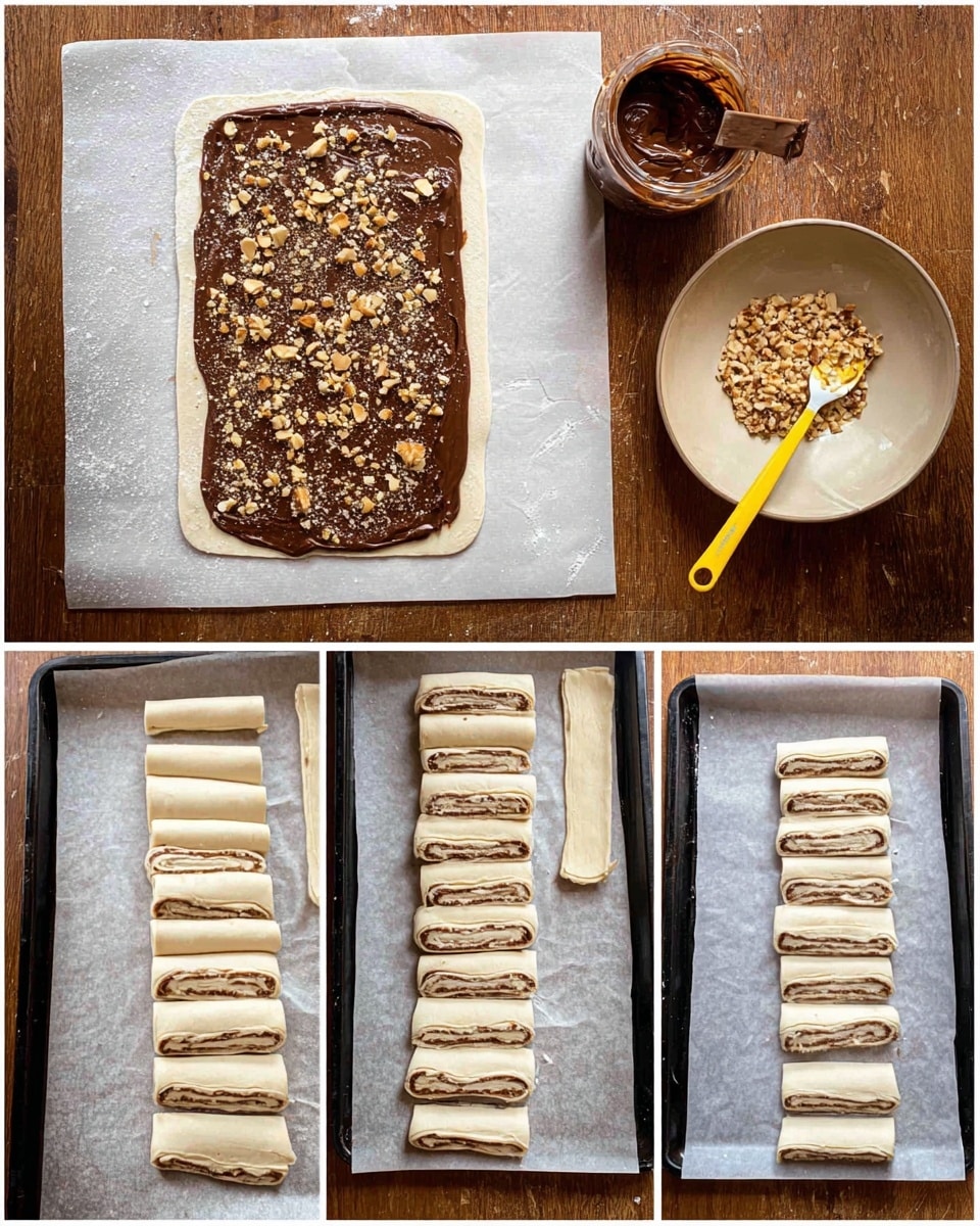 The first image shows a flat, rectangular white dough sheet spread out on a wooden surface with a smooth, thick dark brown layer of chocolate spread covering almost the whole dough, topped with crushed nuts scattered evenly across. Next to the dough is an open jar of chocolate spread, a small beige bowl filled with crushed nuts, and a white plate holding a yellow-handled spatula with chocolate on it. The second image shows the dough folded from both long sides inward halfway, revealing the chocolate and nut filling in the middle strip. The third image shows multiple thick dough rolls sliced into pieces, arranged in a straight pattern on parchment paper. The last image shows the same slices placed neatly on a black tray lined with parchment paper, ready to bake. photo taken with an iphone --ar 4:5 --v 7