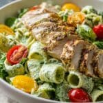 Pesto Pasta with Grilled Chicken, Cherry Tomatoes, and Arugula Recipe