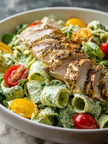 Pesto Pasta with Grilled Chicken, Cherry Tomatoes, and Arugula Recipe