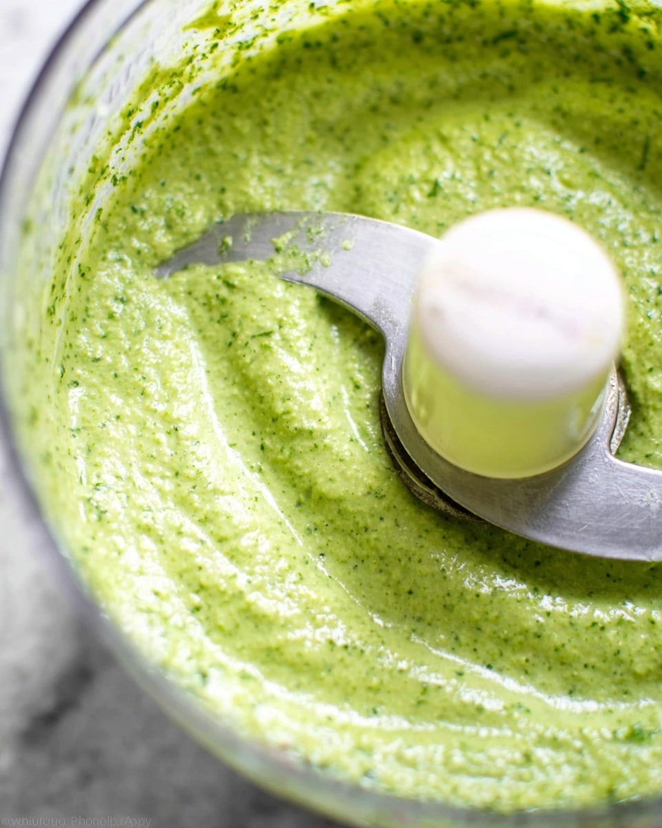 A close-up image of light green pesto sauce with a creamy, slightly textured blend inside a clear food processor bowl. The sauce appears freshly made, thick but smooth, with small specks of herbs visible throughout. Centered is a sharp silver blade partially submerged in the sauce, with the white food processor spindle above it. The background shows a white marbled surface. photo taken with an iphone --ar 4:5 --v 7