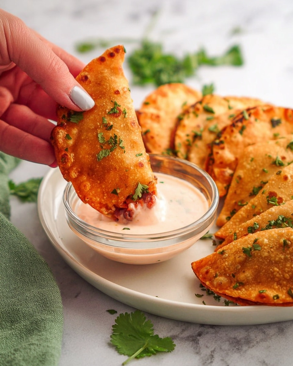 The image shows a close-up of a woman's hand holding a small folded taco with a golden-brown crispy shell sprinkled with small green herbs. The taco reveals a reddish filling inside, hinting at a savory mix. The taco is being dipped into a small clear glass bowl of creamy light pink sauce. In the background, a white plate on a white marbled surface holds five more folded tacos arranged in a loose circle, also garnished with small green herbs. Fresh green cilantro leaves are placed near the plate, and a green cloth is partially visible at the bottom left corner. The lighting highlights the textures of the crispy shell and creamy sauce, giving the scene a fresh and appetizing look photo taken with an iphone --ar 4:5 --v 7