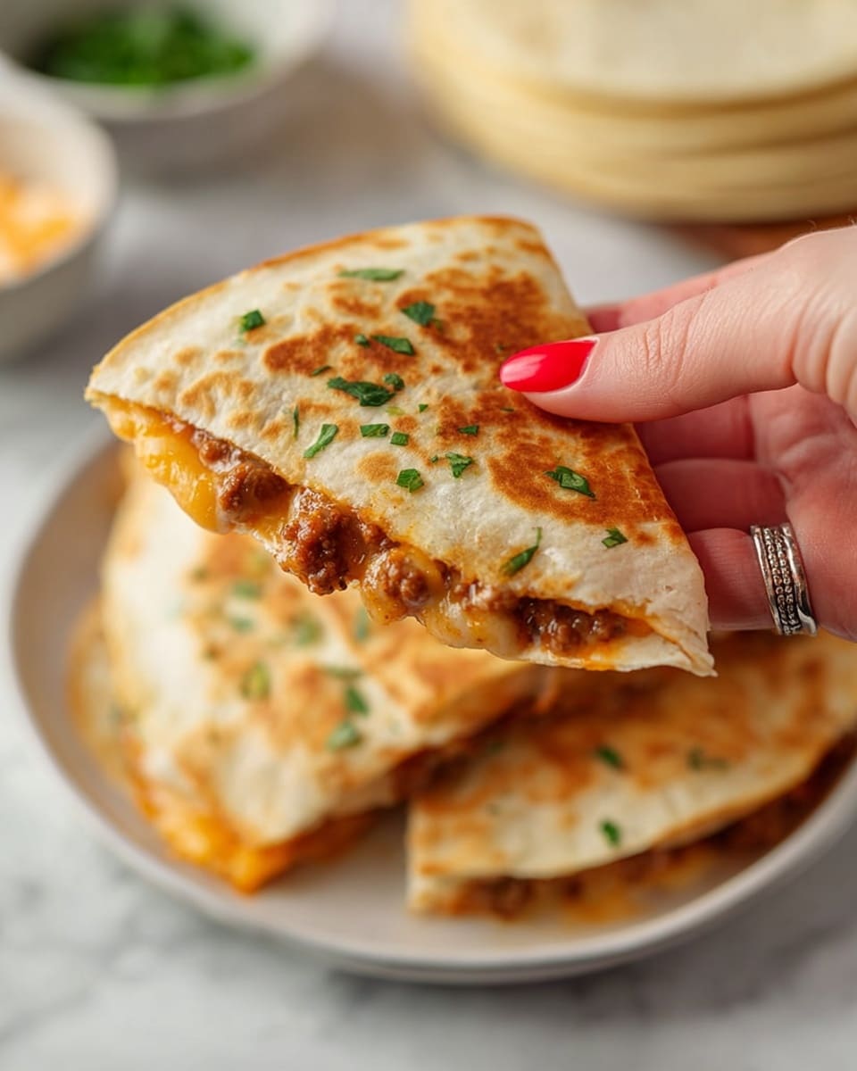 A close-up of a folded quesadilla held by a woman's hand with red nail polish and a silver ring, showing a golden-brown toasted tortilla sprinkled with small green chopped herbs. Inside the quesadilla, a layer of melted, light orange cheese mixed with cooked ground meat peeks out along the edge. The quesadilla is positioned above a white plate holding more quesadilla wedges on a white marbled surface, with a stack of soft tortillas and small bowls of ingredients blurred in the background. Photo taken with an iphone --ar 4:5 --v 7