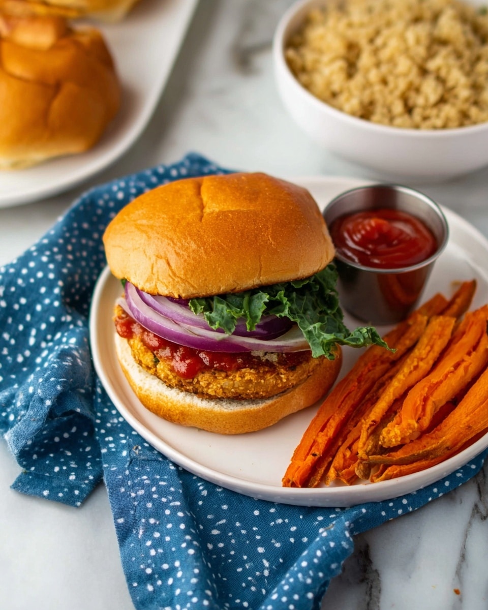 A sandwich sits on a white plate with a toasted, light brown sandwich bun on top. Below the top bun, there is dark green leafy lettuce, some red sauce, bright purple onion rings, and a light brown crispy patty at the bottom. Next to the sandwich, a small pile of orange roasted carrot sticks lay beside a small metal container filled with red ketchup. In the background, there is a white bowl filled with a beige crumbly side dish and another white plate with a sandwich. A blue cloth with white spots is placed under the plate on a white marbled surface. Photo taken with an iphone --ar 4:5 --v 7