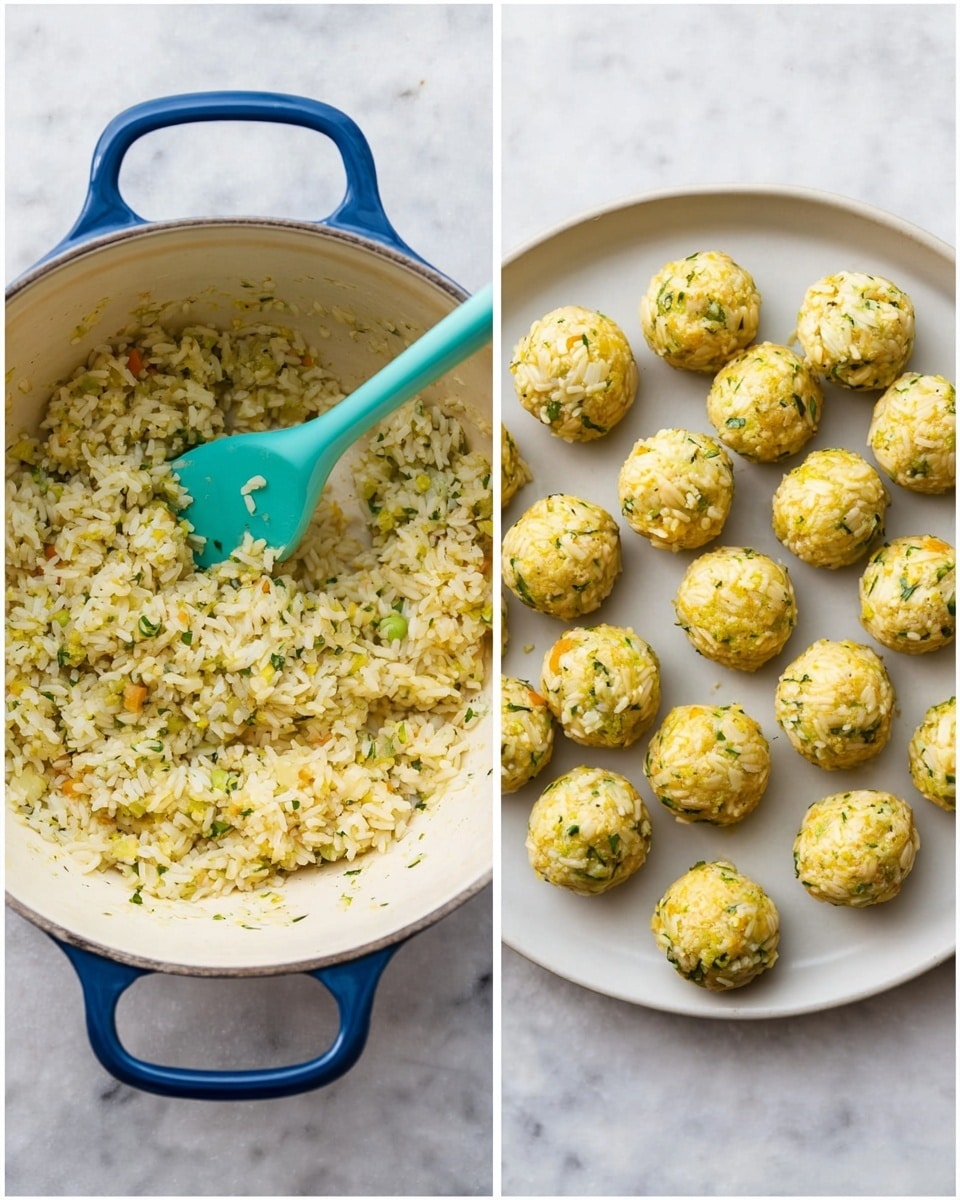 The image on the left shows a white pot with blue handles filled with a soft rice mixture that is light yellow and speckled with green bits, being stirred by a teal spatula. The rice looks moist and sticky, with visible grains and small pieces of vegetables mixed evenly. The image on the right shows a white round plate with 21 neat, round balls made from the same rice mixture, arranged in clusters and evenly spaced on the white marbled surface. Each ball has a glossy yellow tone with flecks of green herbs and vegetables, giving a textured, fresh look. Photo taken with an iphone --ar 4:5 --v 7