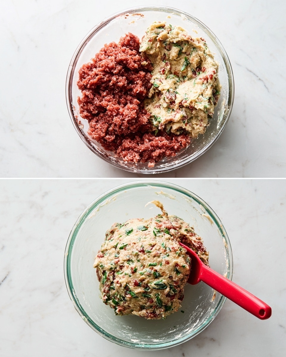 The image shows two clear glass bowls placed on a white marbled surface. The left bowl is divided into two parts: the left half contains raw ground meat in a dull red color with a rough, chunky texture, and the right half holds a creamy mixture that is off-white with green and red flecks, with a red spatula resting inside. The right bowl shows the same mixture fully combined into a single round mass that is pale brown with green and red bits throughout, also with the red spatula placed inside the bowl. Photo taken with an iphone --ar 4:5 --v 7