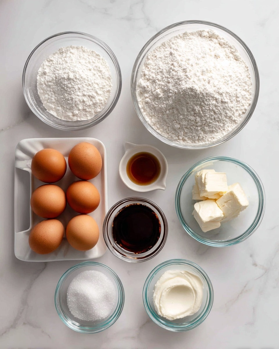 Several ingredients for baking are shown on a white marbled surface. There is a clear glass bowl filled with white cake flour on the top right and a round bowl with white superfine sugar on the bottom left. Two egg trays hold brown eggs in the middle. Small glass bowls contain vanilla with a dark brown color, salt with white granules, and cream of tartar with a white powder. Each ingredient is labeled with simple black text on light backgrounds. The image is neat and bright. photo taken with an iphone --ar 4:5 --v 7