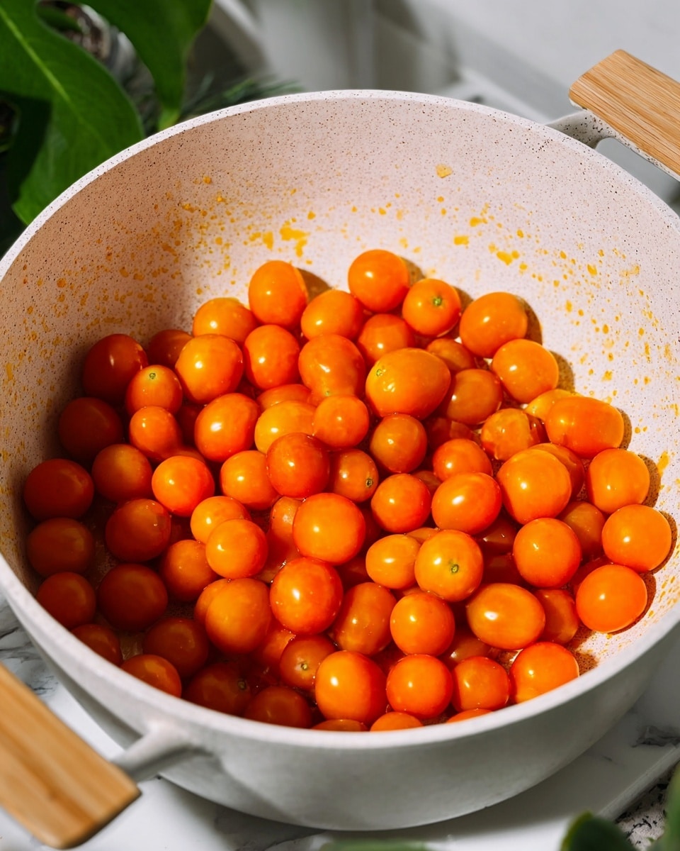 The image shows a white speckled cooking pot filled with many bright orange cherry tomatoes. The tomatoes are smooth, round, and shiny, tightly packed covering the bottom of the pot. The inside of the pot has some small yellow and orange sauce marks, hinting that the tomatoes are being cooked. The pot has light wooden handles that contrast with its white speckled body. In the background, there is some green plant leaves and a white marbled surface visible. The photo taken with an iphone --ar 4:5 --v 7