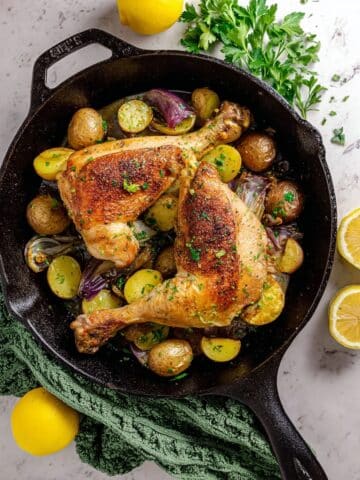 Roasted Chicken Leg Quarters with Potatoes, Shallots, and Lemon Recipe