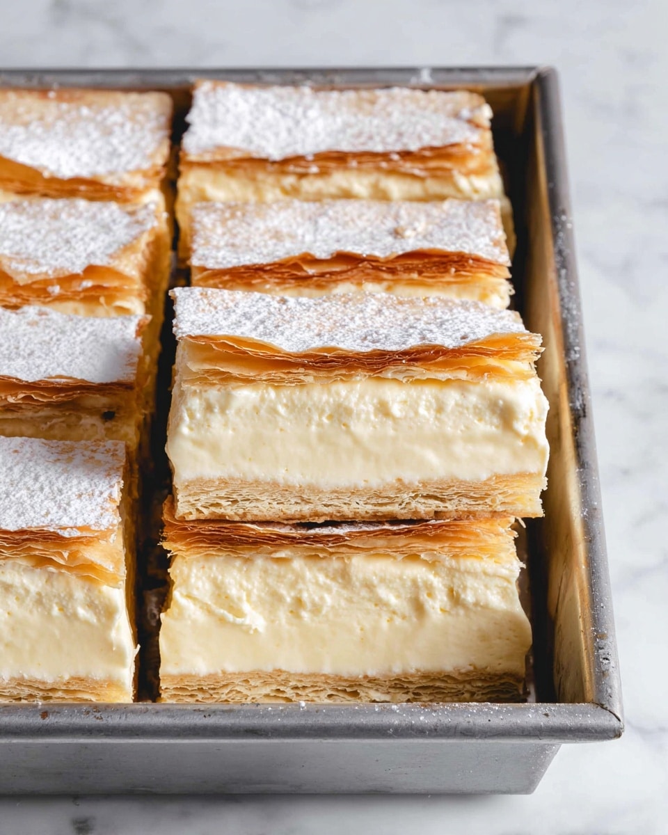 The image shows several rectangular pieces of a layered dessert arranged closely in a metal baking tray. Each piece has three main layers: the top and bottom are thin, crispy, golden-brown sheets of pastry with a slightly flaky texture, while the middle is a thick, creamy, off-white custard layer that looks smooth and dense. The top pastry layers have a light dusting of powdered sugar, adding a soft white touch. The tray is placed on a white marbled surface with soft gray veins visible. The dessert pieces are neatly cut with clean edges, showing the clear distinction between the layers. photo taken with an iphone --ar 4:5 --v 7