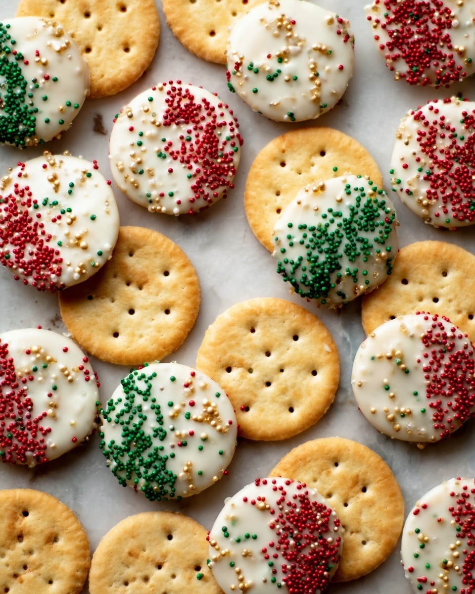 Multiple round golden crackers coated halfway with smooth white chocolate on one side, each decorated with small red, green, and white round sprinkles. The crackers have a slightly scalloped edge and small holes on their surface, arranged closely together and scattered slightly. The background is a white marbled texture. photo taken with an iphone --ar 4:5 --v 7