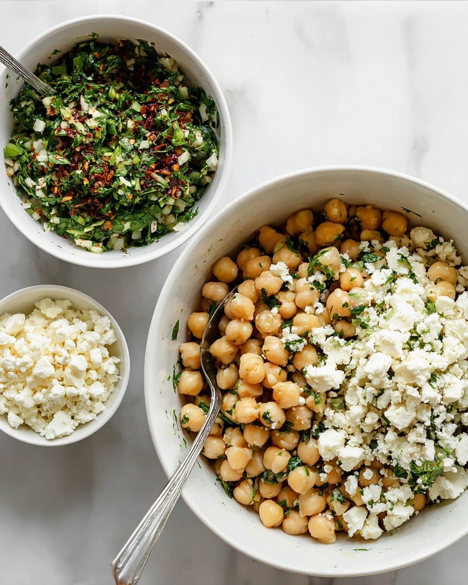 The image shows a white bowl filled with three main layers before mixing: at the bottom, there are smooth, round light brown chickpeas filling most of the bowl; on the left side, green and red chopped herbs and spices are piled up with a fresh, leafy texture; on the top right, there is a layer of crumbly white cheese that looks soft and slightly fluffy. Next to this bowl is a smaller white bowl with more of the same crumbly white cheese. In the second part of the image, the ingredients are mixed together, showing a spread of the light brown chickpeas evenly coated with green herbs and small white cheese pieces scattered throughout. A silver spoon rests inside the larger bowl in both parts. All bowls are placed on a white marbled surface. Photo taken with an iphone --ar 4:5 --v 7