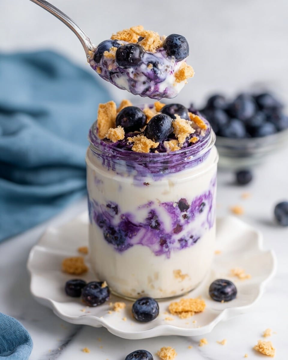 A clear glass jar filled with three visible layers: the bottom and top layers are creamy white with a smooth texture, and the middle layer is a purple mixture with visible whole blueberries scattered throughout. The jar is topped with whole blueberries and small crumbled golden biscuits. A spoon is lifting a scoop of the dessert showing all three layers and the toppings. The jar sits on a white plate with a wavy edge, which also holds scattered blueberries and biscuit crumbs. The scene is set on a white marbled surface with a soft blue cloth in the background. Photo taken with an iphone --ar 4:5 --v 7