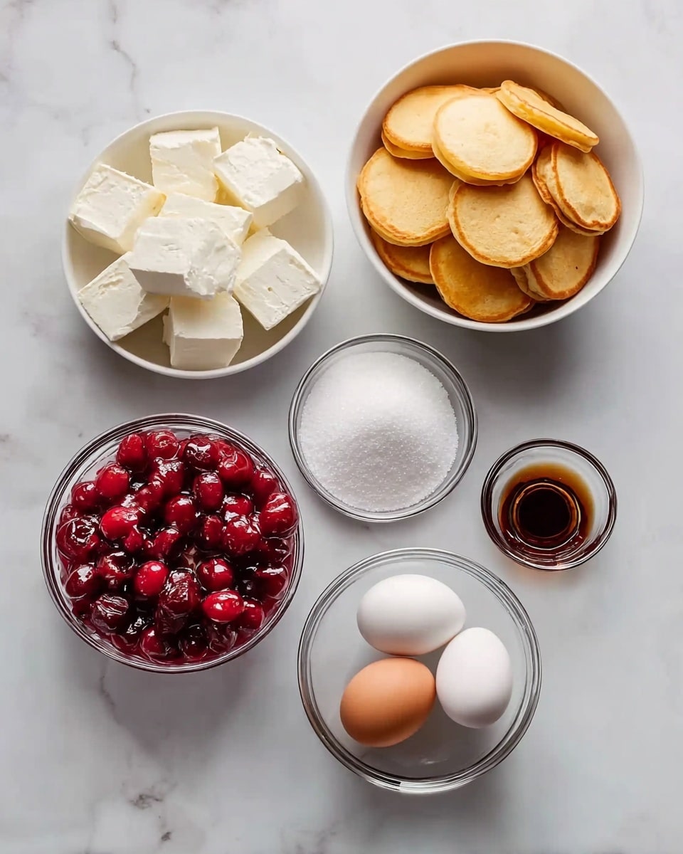 Six bowls are arranged on a white marbled surface. The top left bowl is white and holds six large, white blocks of cream cheese. To the right of it is another white bowl filled with many small, round, golden pancakes stacked loosely. Below these, a clear glass bowl on the left contains bright red cherries covered in syrup. Next to it on the right is another glass bowl filled with white granulated sugar. Below the sugar, a smaller glass bowl holds two white eggs and one brown egg. To the right of the eggs, a tiny glass bowl contains a small amount of dark brown vanilla extract. The overall image is bright and clean with natural lighting. photo taken with an iphone --ar 4:5 --v 7