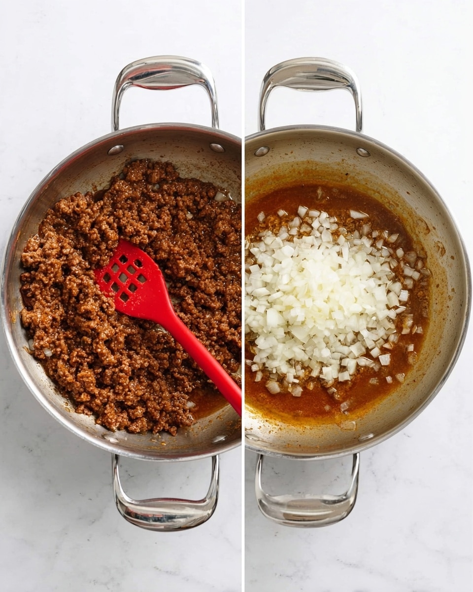 A silver metal pan with two handles is shown from above on a white marbled surface. On the left, the pan has a dark brown cooked ground meat mixture with a slightly moist texture, being stirred by a red spoon with holes. On the right, the same pan holds finely chopped white onions in the center surrounded by a thin layer of brown liquid and small browned bits on the pan's surface. The background is clean and white marbled. photo taken with an iphone --ar 4:5 --v 7
