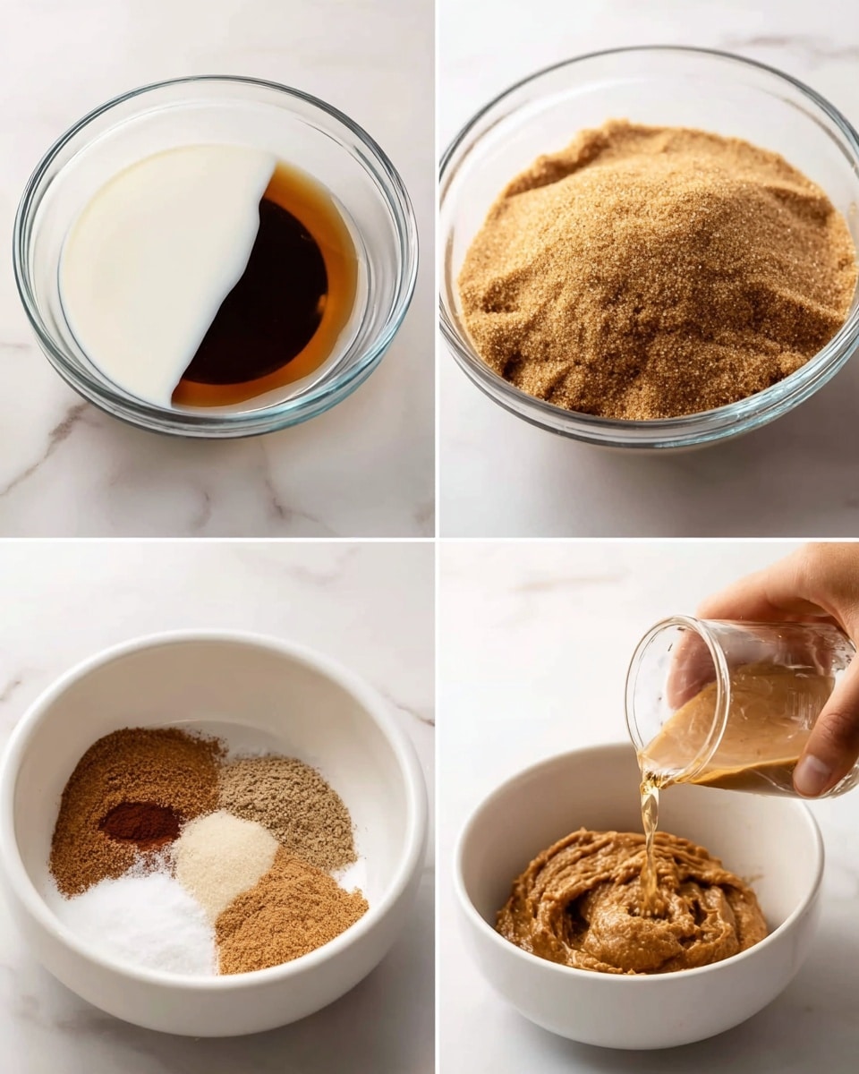 The image shows four smaller photos arranged in a grid on a white marbled surface. The first photo is a clear glass bowl with three layers: a white liquid on the bottom left, a dark brown liquid forming a small arc in the middle, and a large mound of light brown sugar covering most of the right and upper side. The second photo is the same clear glass bowl filled with dry ingredients arranged in small piles: light brown sugar, dark brown sugar, white granulated sugar, cinnamon, and some other powders in shades of brown and white all touching in the center. The third photo shows a white bowl with a thick brown paste spread evenly inside. The fourth photo shows a woman's hand pouring a clear liquid from a small clear glass into the white bowl with the brown paste, seen from a top angle. Photo taken with an iphone --ar 4:5 --v 7