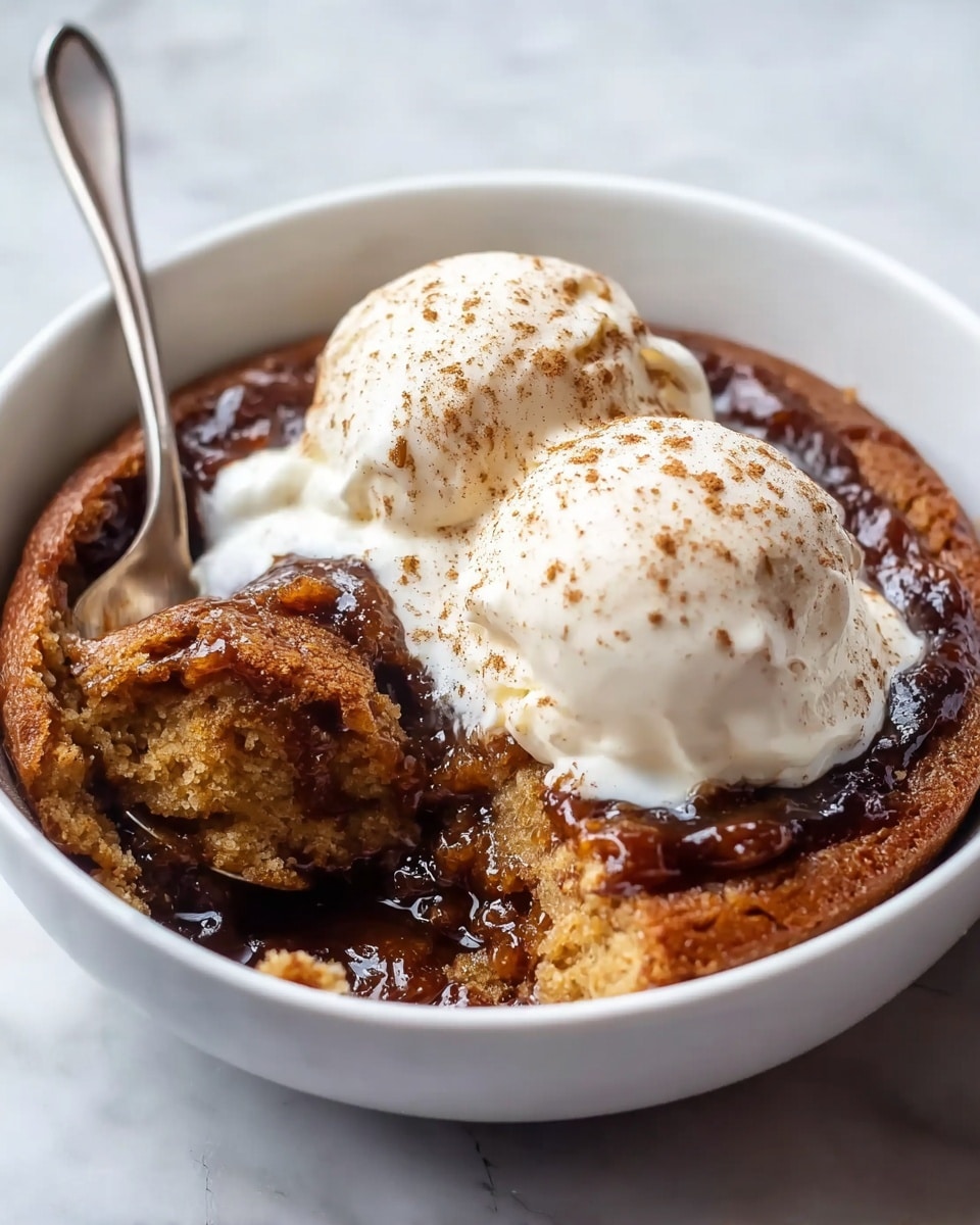 A white bowl holds a warm dessert with two layers: the bottom layer is a soft, golden-brown cake with a moist texture, and the top layer is a sticky, dark caramelized sauce that looks rich and glossy. On top of the dessert, there are two scoops of creamy white ice cream sprinkled with light brown cinnamon powder. A silver spoon is placed inside the bowl, resting on the edge of the dessert and slightly digging into the cake. The bowl sits on a white marbled surface. photo taken with an iphone --ar 4:5 --v 7