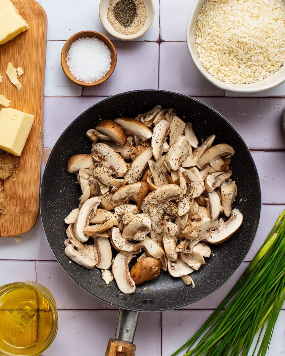 A black pan filled with sliced white and brown mushrooms, some in half or quarter pieces, scattered unevenly with a light sprinkle of black pepper on top. The pan is placed on a white marbled tiled surface with light purple color showing between the tiles. Around the pan, there is a wooden cutting board on the left with some small bits on it, a white bowl filled with uncooked white rice above, a small white bowl of coarse salt, another small white bowl with ground black pepper, a brown dish with pale yellow butter, a glass container of golden oil, and fresh green chives laying flat on the right. Photo taken with an iphone --ar 4:5 --v 7