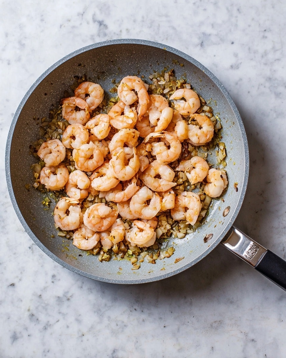 A gray frying pan is placed on a white marbled surface, filled with cooked shrimp and small bits of sautéed onions and garlic. The shrimp are light pink with a slight shine, spread evenly across the pan’s base, sitting on a bed of translucent, golden-brown onion pieces mixed with tiny garlic bits. The pan has a long black handle extending to the right and a small metal loop handle on the left side. Photo taken with an iphone --ar 4:5 --v 7