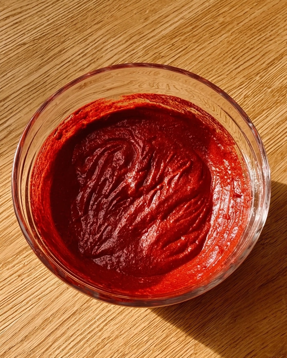 A clear glass bowl contains a thick, smooth red batter spread evenly inside. The batter has a shiny texture with visible swirls and ridges on the surface. The bowl sits on a warm light wooden surface. Photo taken with an iphone --ar 4:5 --v 7