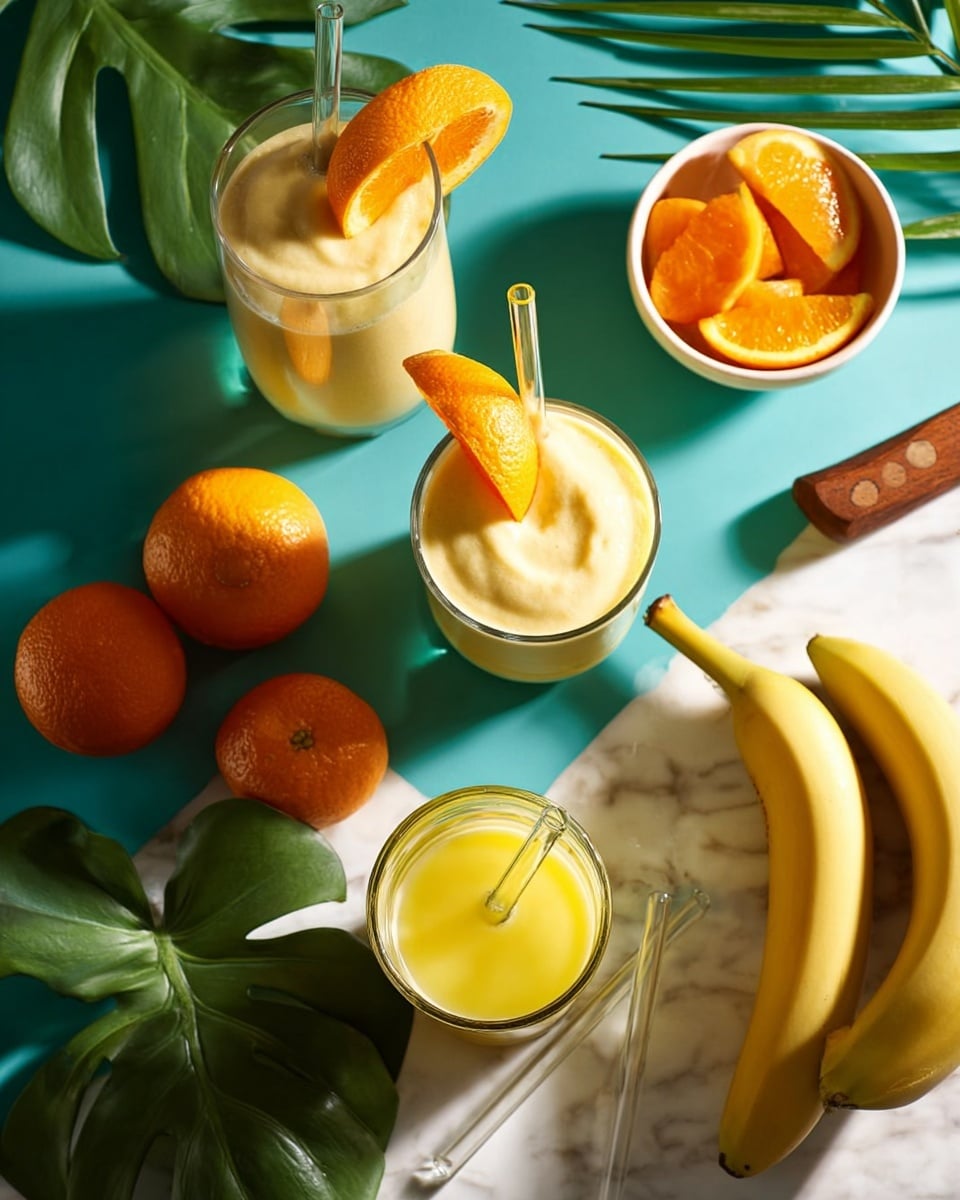 The image shows three glasses filled with creamy orange smoothies, each topped with a round orange slice on the rim; two of the glasses have glass straws. There is a white bowl with several orange wedges and a wooden knife next to it on the right. Near the center top, a white rimmed cup filled with a creamy yellow-orange drink garnished with an orange slice stands out. A small clear pitcher with bright yellow-orange juice and two whole bananas and one whole orange are placed on the white marbled surface around the drinks. Large green tropical leaves add a fresh, vibrant touch to the scene. photo taken with an iphone --ar 4:5 --v 7