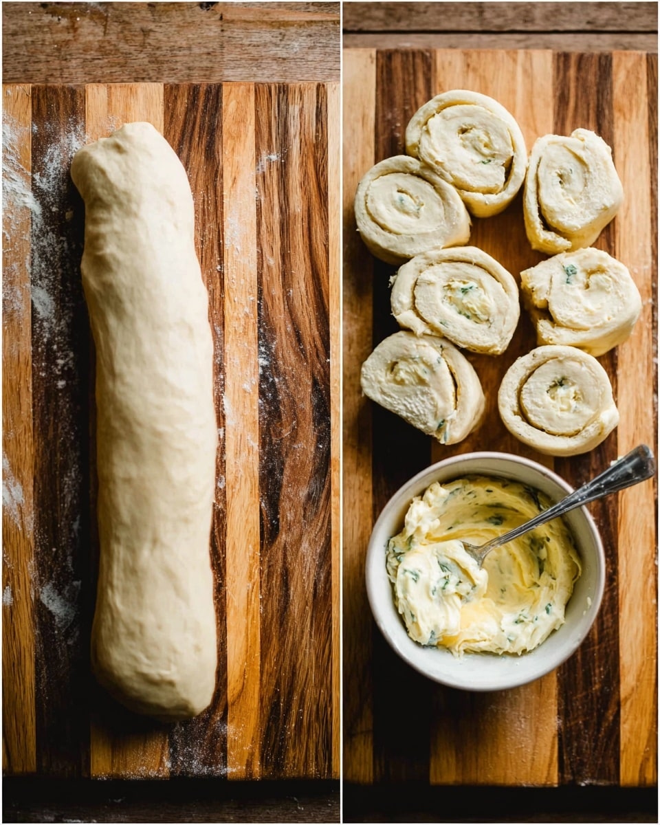 The image shows two side-by-side views of dough on a wooden cutting board with many long stripes of light and dark wood. On the left side, a long roll of pale dough lays flat, and next to it on the bottom right corner is a white bowl filled with creamy, pale yellow filling mixed with herbs and a spoon inside. On the right side, the dough roll has been sliced into seven thick, short pieces with round and slightly uneven spiral layers visible inside each piece, placed around the board. The overall texture is soft and smooth, with some flour dust on the board. Photo taken with an iphone --ar 4:5 --v 7