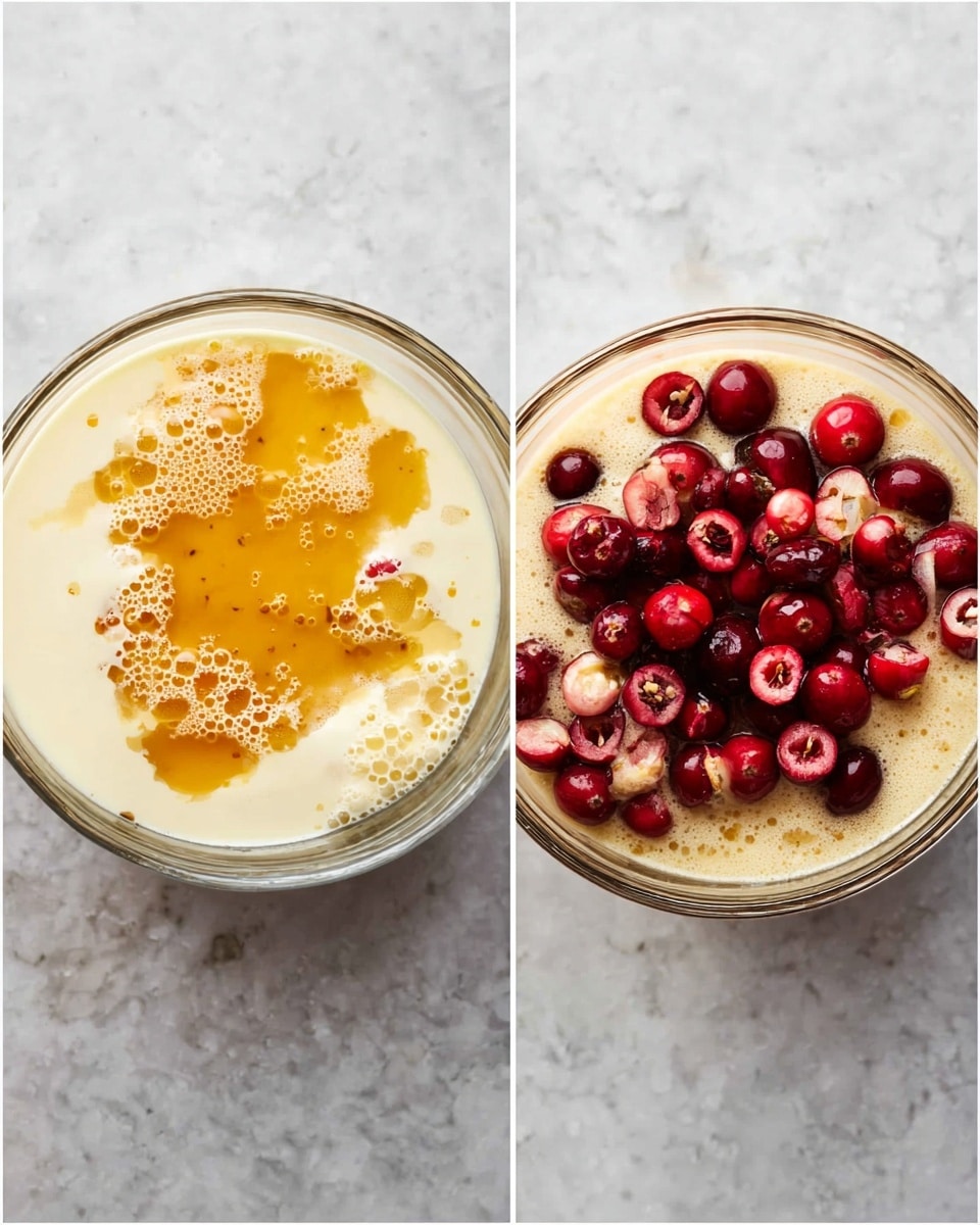 Two glass bowls sit side by side on a white marbled surface. The left bowl shows a mixture with two layers: a creamy white layer topped with an uneven splash of golden yellow liquid, some bubbles visible on the surface. The right bowl contains a light beige batter with a topping of fresh cranberries, some whole and some sliced in half showing their inner seed patterns. The craneberries sit mostly in the center, evenly spread on the batter layer. Photo taken with an iphone --ar 4:5 --v 7
