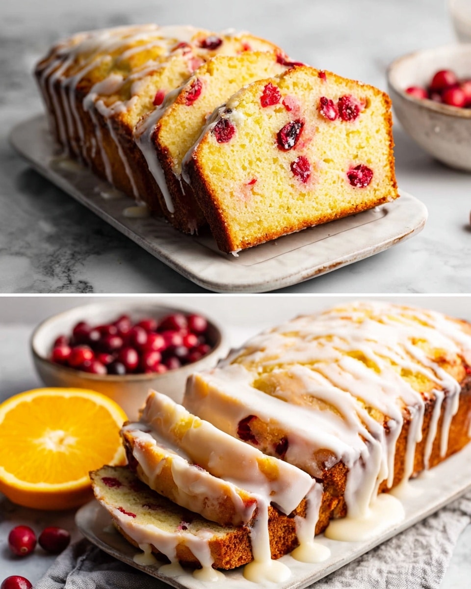 The image shows a loaf of cake with five even slices cut on a white rectangular plate. The cake has a light golden brown crust with a moist yellow inside dotted with bright red cranberries scattered throughout. A white glaze drips down the sides and tops the slices, adding a shiny smooth texture. Next to the plate, there is half an orange with a bright orange inside and a bowl with more cranberries in the background. The whole scene is set on a white marbled surface with soft natural lighting. Photo taken with an iphone --ar 4:5 --v 7
