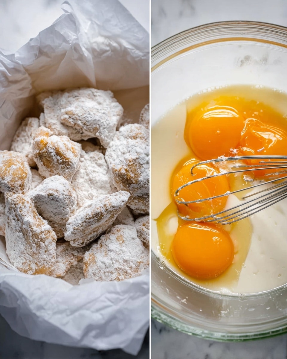 The image shows two close-up views side by side. On the left, there are several small pieces of food, likely meat, covered in a light, powdery white flour coating, arranged inside a white parchment paper-lined container. The pieces have a rough, uneven texture with a pale off-white color from the flour. On the right, there is a clear glass bowl with two bright orange egg yolks partially mixed into a pool of white liquid, probably milk or cream. A metal whisk is resting inside the bowl, its wires slightly submerged in the mixture, creating a soft swirl pattern. The bowl is set on a white marbled surface. photo taken with an iphone --ar 4:5 --v 7