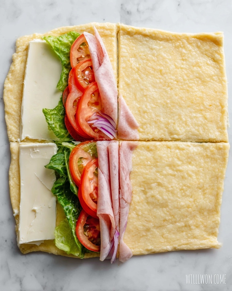 The image shows a flat, rectangular dough with a pale yellow color and a slightly rough texture, laid on a white marbled surface. On the left side of the dough, there is a layer of white spread applied unevenly. On top of this, a layer of green lettuce leaves is placed, followed by thin slices of red tomato, slices of light purple onion, a slice of white cheese, and two thin, folded slices of pink deli meat. The dough is divided into four square sections by light cuts, with the top right and bottom right squares still plain dough. Photo taken with an iphone --ar 4:5 --v 7