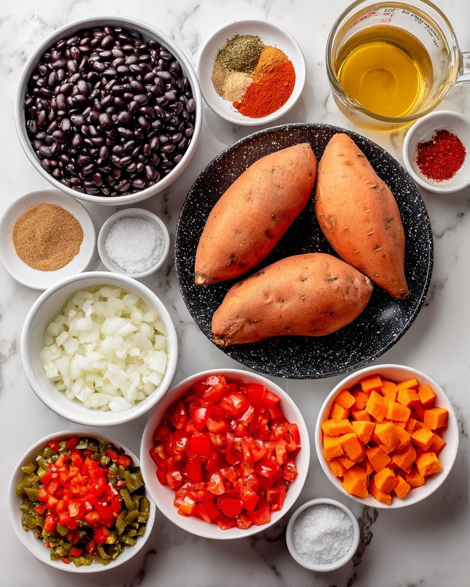 The image shows ingredients arranged on a white marbled surface with each labeled. There are three whole sweet potatoes with smooth orange skin placed on a round black speckled plate in the center. To the left, a white bowl is filled with shiny black beans, and below it, a white bowl with chopped white onions. Below the onions, a white bowl contains diced tomatoes with green chiles, rich in red and green hues. To the right of the center, a white bowl holds bright red diced tomatoes. Below this, a white bowl is filled with small, neatly diced orange bell peppers. Next to it, on the right, there is a clear measuring cup filled with light orange vegetable broth. Above the sweet potatoes, there are small white bowls with spices: light brown cumin, greenish oregano, red chili powder, and finely chopped white garlic. A small glass bowl filled with golden olive oil and a white bowl of salt complete the layout, all set on the white marbled surface. photo taken with an iphone --ar 4:5 --v 7