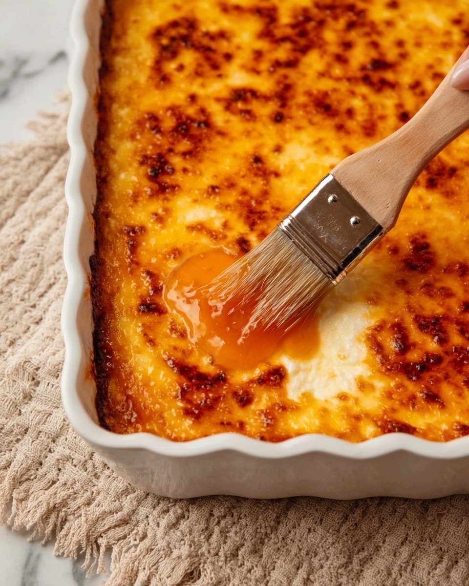 A close-up of a white baking dish showing a dish with a single top layer of golden brown melted cheese with darker brown spots. A wooden brush held by a woman's hand is spreading a glossy, translucent orange sauce on the cheesed surface near the edge of the dish. The dish is placed on a textured beige cloth with a white marbled surface faintly visible in the background. photo taken with an iphone --ar 4:5 --v 7