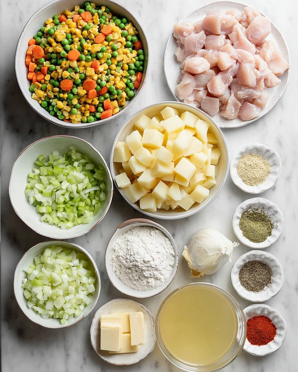 The image shows a top view of various ingredients arranged neatly on a white marbled surface. There are nine bowls and plates in total, each holding different items: a large white bowl with mixed frozen vegetables including green beans, carrots, peas, and corn; a medium white bowl filled with small, light yellow potato cubes; another medium white bowl with chopped green celery; a white bowl with finely chopped white onions; a white plate with raw light pink chicken pieces; a small white bowl with light yellow butter sticks; a small white bowl with minced garlic; a small white plate with various spices arranged in piles with colors like red, green, black, and beige; a small white bowl with white flour; and a clear container with light yellow liquid broth. The setup is clean and organized, showing a colorful variety of textures and tones. photo taken with an iphone --ar 4:5 --v 7