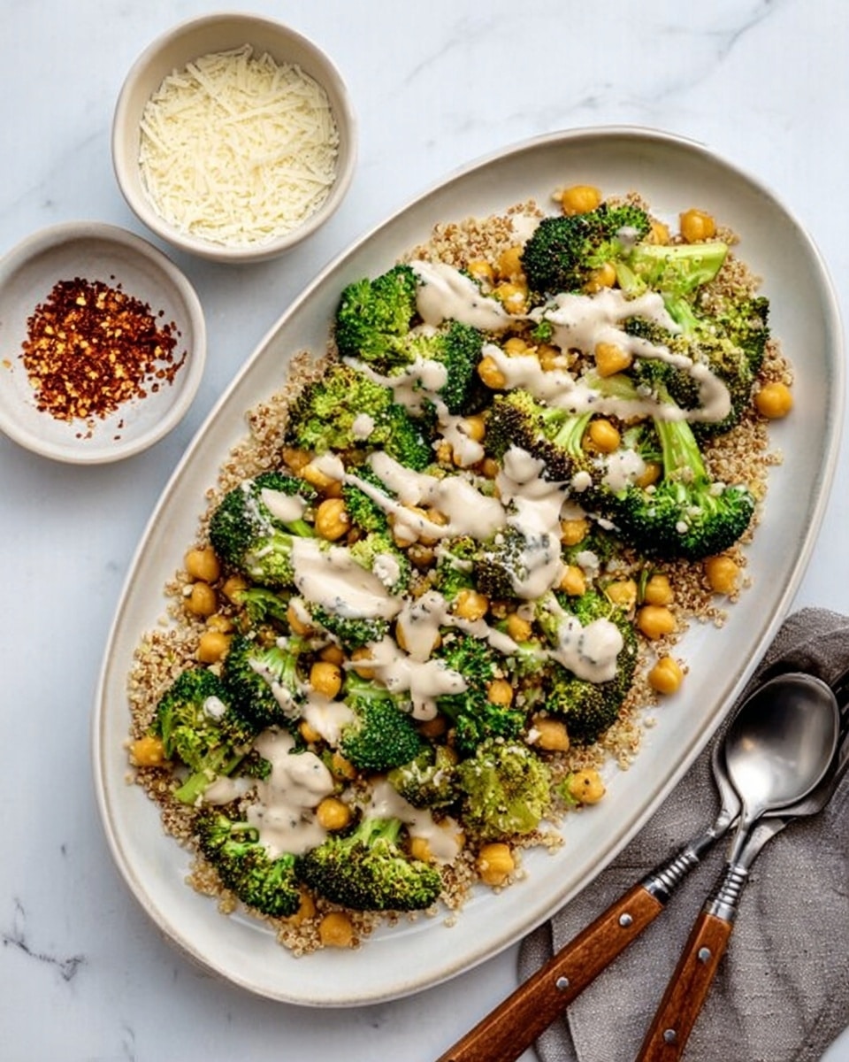 A long white plate with a white marbled surface underneath holds a colorful dish made of roasted green broccoli florets layered on top of small yellow chickpeas and a base of light brown quinoa. On top, a creamy off-white sauce is unevenly drizzled across the broccoli and chickpeas. To the side, there are two small white bowls, one filled with finely grated cheese and the other with crushed red pepper flakes. A spoon and fork with silver heads and brown handles rest beside the plate. Photo taken with an iphone --ar 4:5 --v 7