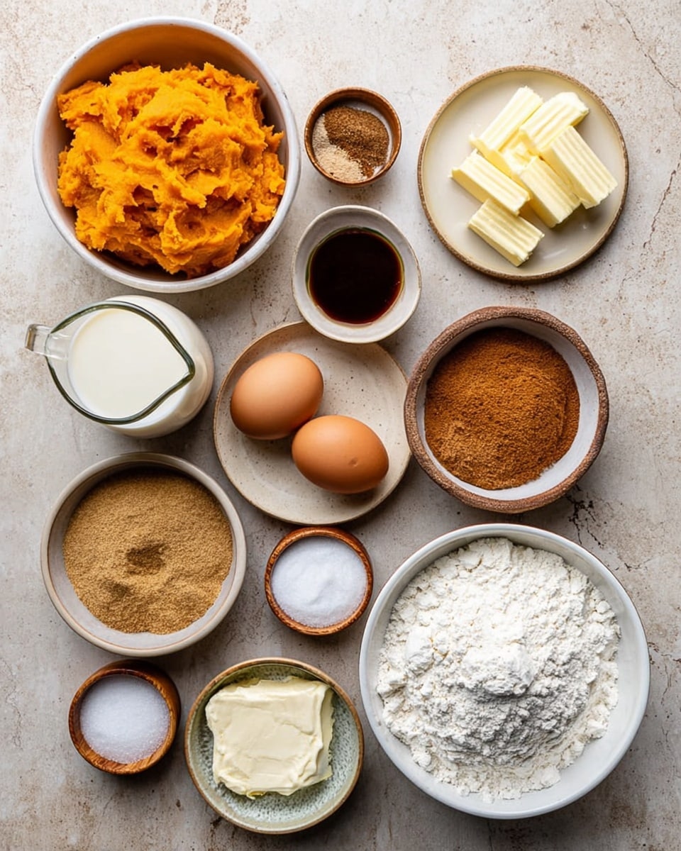 The image shows various baking ingredients arranged neatly on a white marbled surface. There is one large white bowl filled with white flour positioned at the lower right, and next to it is a brown bowl with light brown sugar. Above the sugar is a smaller white bowl with a mix of ground spices. To the left of the spices is another white bowl filled with bright orange mashed pumpkin. At the top is a woman’s hand holding a small glass pitcher of cream. Below it are two brown eggs on a small beige plate beside a small white dish with dark vanilla extract. Scattered around are small wooden bowls containing white salt, white baking soda, and white sugar. There is a small white bowl with pale yellow butter cut into sticks near the top right. photo taken with an iphone --ar 4:5 --v 7