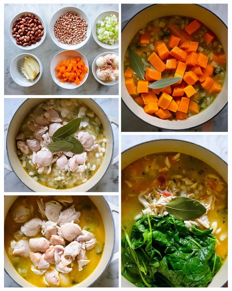 The image shows a six-step visual of a soup being made. The first step displays raw ingredients arranged on a white marbled surface: brown and white beans in small white bowls, fresh spinach, raw chicken pieces on a white patterned plate, chopped orange pumpkin, diced celery, onion, garlic cloves, carrot, and herbs on a white plate, plus a half pumpkin. The next step is a close-up of chopped celery, carrot, and onion in a light-colored pot. Then, the pot contains a layer of the cooked vegetables topped with four raw chicken pieces and a green bay leaf. In the fourth step, the pot shows orange pumpkin cubes floating in a simmering broth with bits of chicken and vegetables. Next, spinach leaves and shredded chicken are added to the brothy soup in the pot. The final step shows the finished soup with visible chunks of green spinach, orange pumpkin, diced carrots, white beans, red beans, celery, shredded chicken, all in a rich yellow broth. The photo taken with an iphone --ar 4:5 --v 7