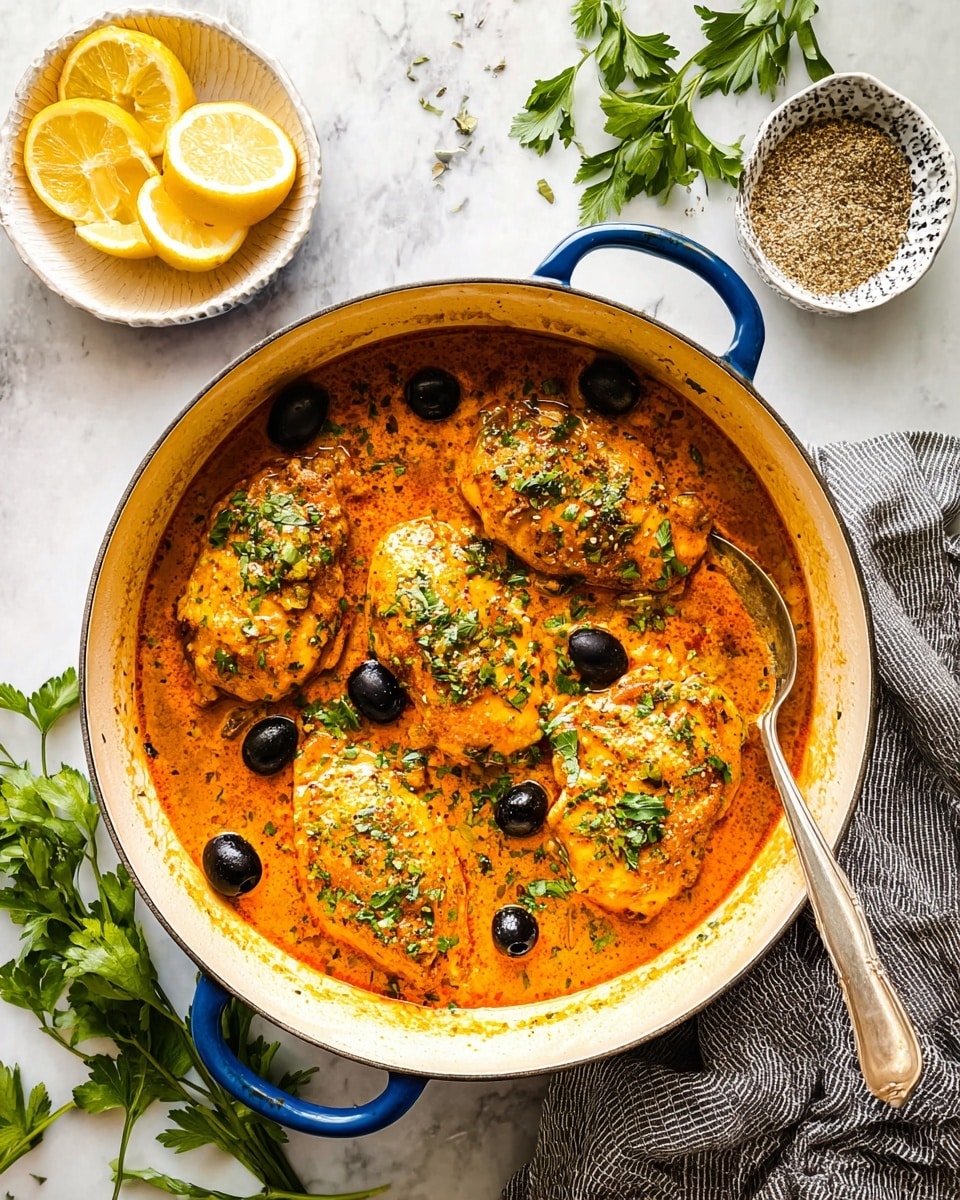 A white pot with blue handles holds four golden brown chicken pieces covered in a thick orange sauce, speckled with herbs and spices. Scattered black olives float in the sauce around the chicken. The dish is garnished with fresh green parsley leaves on top. Next to the pot, a silver spoon rests inside, and lemon wedges lie on the white marbled surface. Nearby, a small white bowl contains a coarse spice mix. A gray cloth and some fresh parsley sprigs casually surround the pot. Photo taken with an iphone --ar 4:5 --v 7