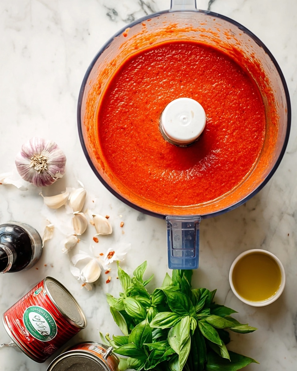 A food processor bowl filled with a smooth bright red tomato sauce, with a slightly thick but even texture, positioned in the center. Below the bowl on a white marbled surface is a bunch of fresh green basil leaves tied with a blue band, scattered garlic cloves with white and purple skins to the lower left, and two open empty tomato cans with red and green labels to the lower right. A jar of white salt and a small white bowl with golden olive oil sit near the top right corner of the image. Photo taken with an iphone --ar 4:5 --v 7