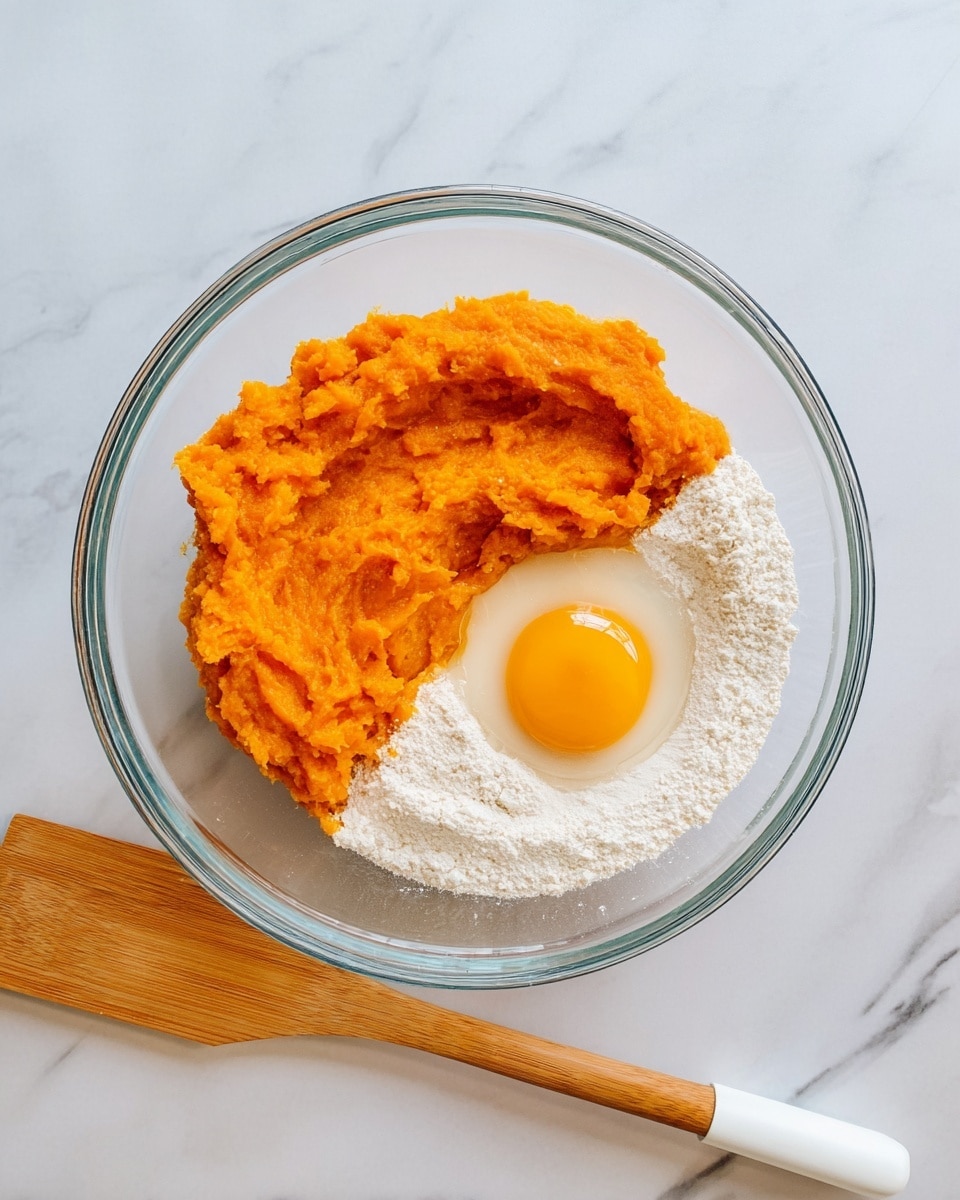 A large clear glass bowl sits on a white marbled surface, containing three main layers: on the left, there is a bright orange, smooth mashed pumpkin layer with a slightly chunky texture; on the right, a fine white flour layer forms the base beneath a single raw egg yolk with a shiny, round, and smooth surface. A wooden spatula with a white silicone tip rests beside the bowl. The overall scene is bright and clean. photo taken with an iphone --ar 4:5 --v 7