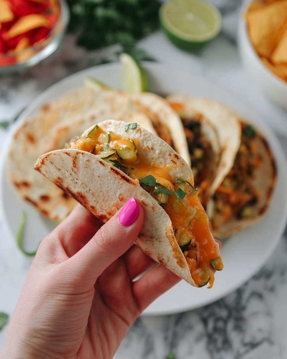 A woman's hand with pink nail polish is holding a small taco folded in half. The taco has a golden light toasted white tortilla on the outside, and inside there is a layer of melted orange cheese topped with small, chunky pieces of green and yellow cooked zucchini and bits of fresh green herbs. In the background, there is a white plate with more similar tacos stacked and some green cilantro slightly out of focus. Part of a sliced green lime and a bowl with red and yellow chips are also visible on a white marbled surface. Photo taken with an iphone --ar 4:5 --v 7